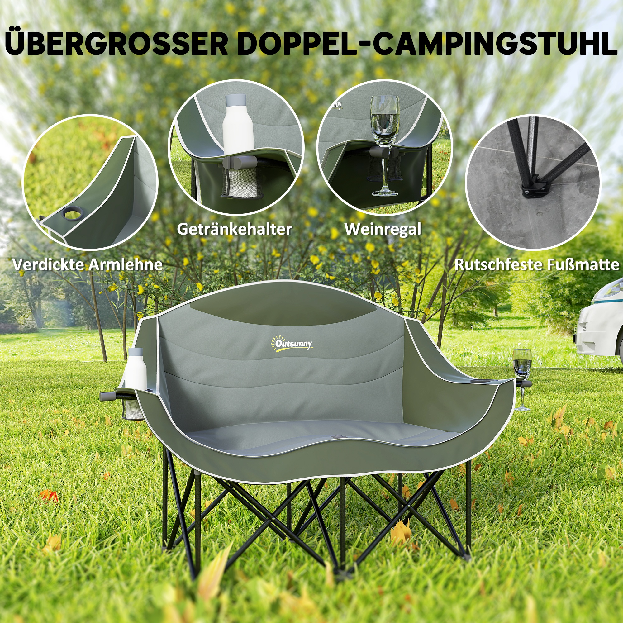 Faltstuhl faltbar 2 Sitzer Campingstuhl mit Getränkehalter Tragetasche bis 250kg belastbar Grün