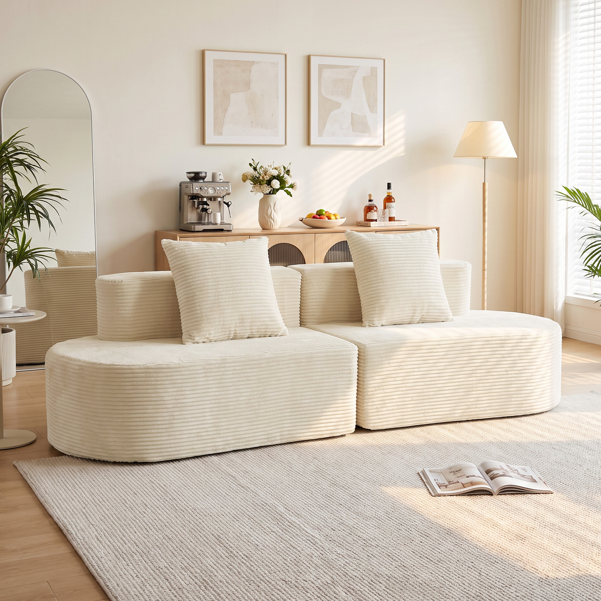 3-Sitzer-Sofa, modulares Cloud-Sofa ohne festen Rahmen, breite & tiefe Sitzfläche, Federpolsterung, Kordbezug, Beige