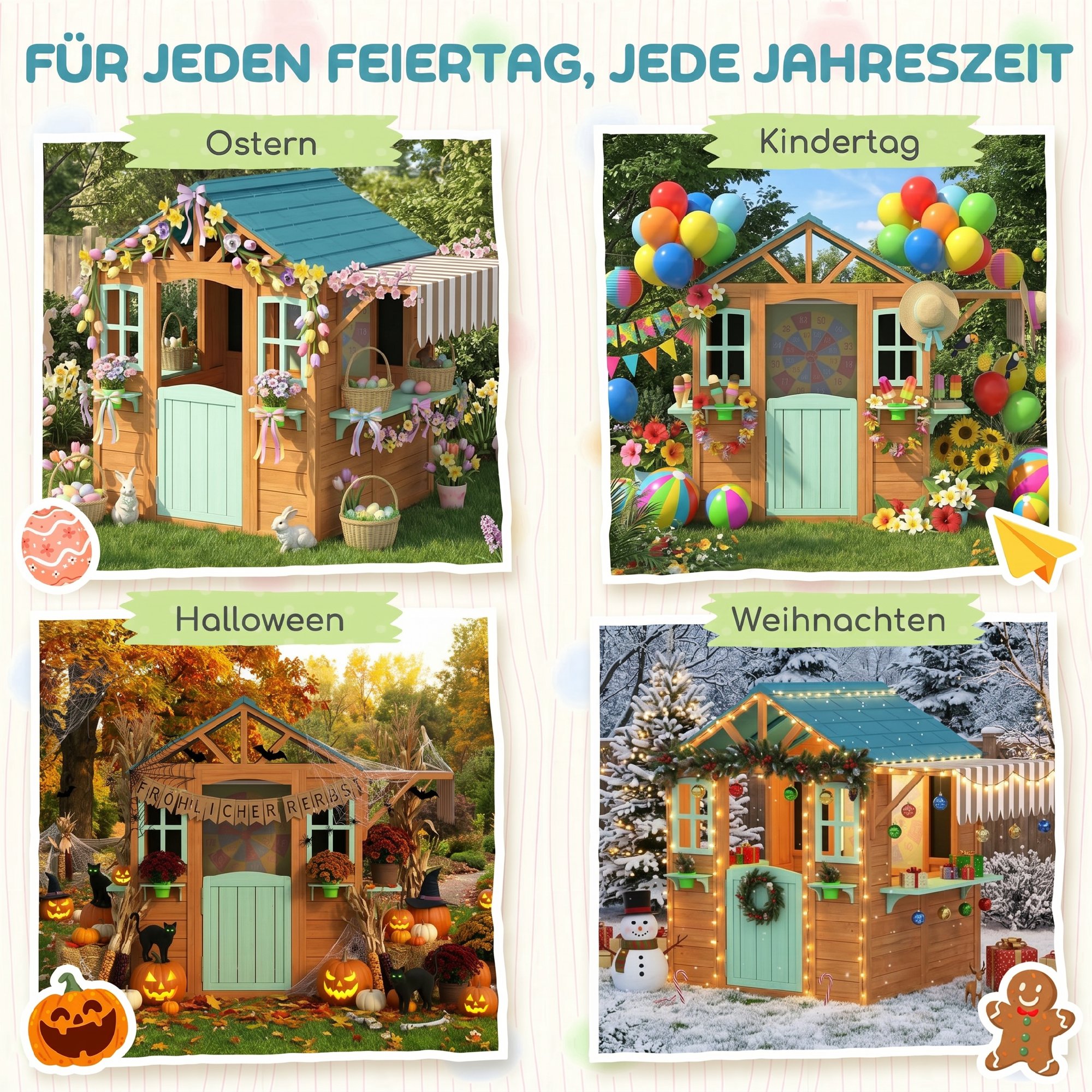 Outdoor Kinderspielhaus mit Verkaufstheke Pflanzenkasten Kreidetafel Zieltuch 4 Ball 142 x 120 x 141,5 cm Mehrfarbig