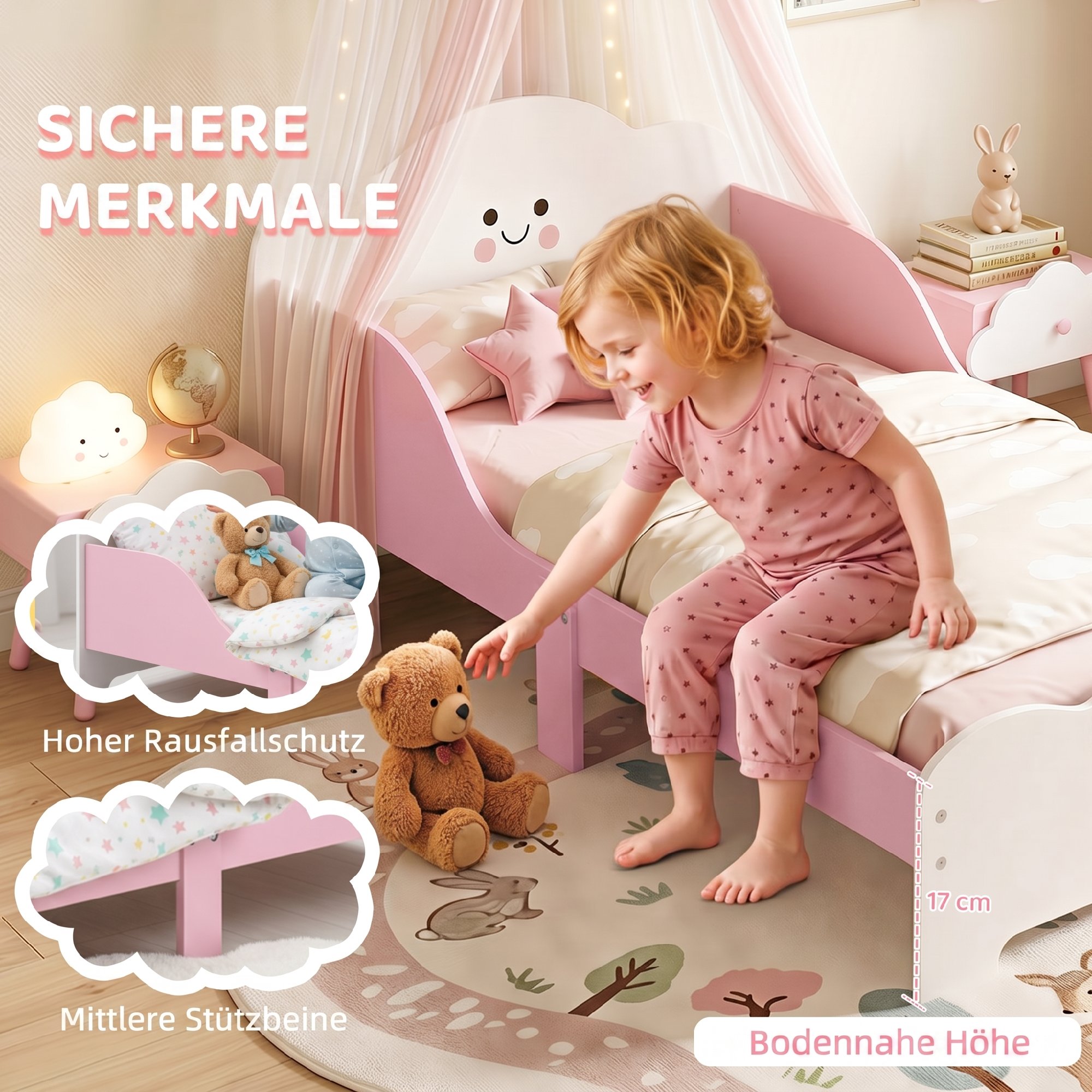 Kinderbett, 140 x 70 cm Bettgestell mit hohen Schutzgitter für Kinder von 3-6 Jahren, ohne Matratze, Rosa