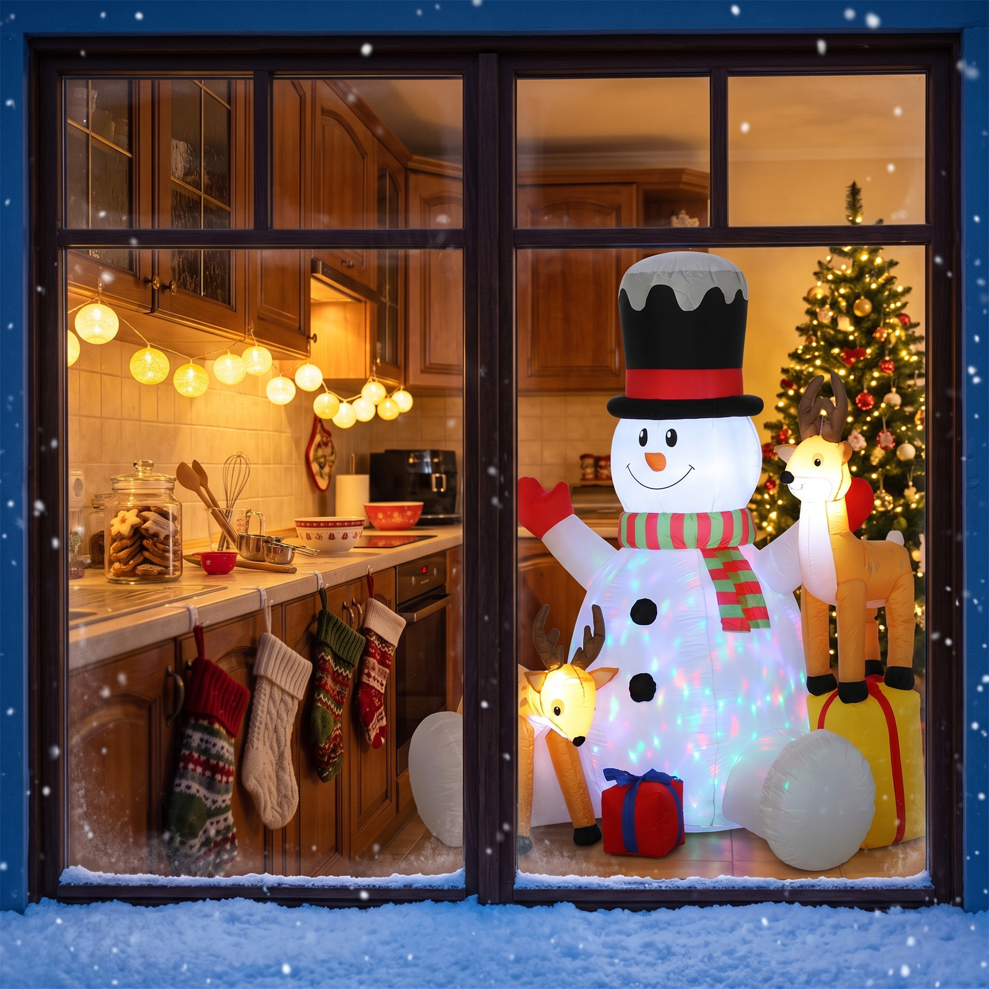 Aufblasbarer Weihnachts-Schneemann mit 2 Rentieren, 215 cm, für draußen, mit LEDs und Tasche