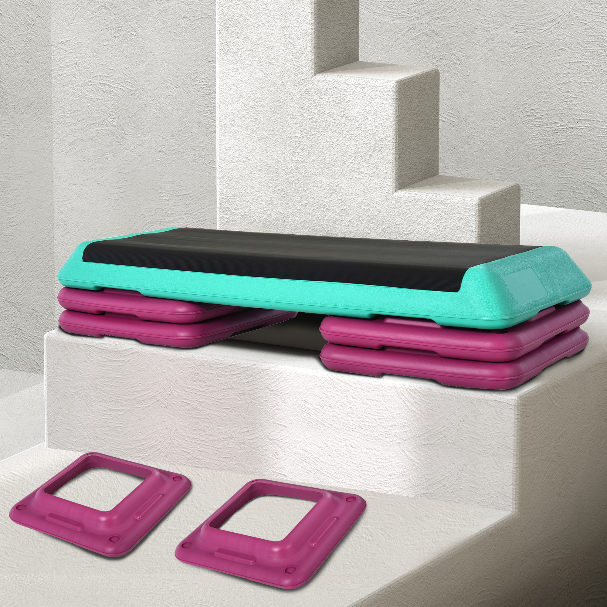 Steppbrett höhenverstellbar Fitness Stepper 3 Stufen (10/15/20 cm) Rutschfest Stepbench für Zuhause Fitnessstudio Büro Kunststoff Schwarz+Grün+Violett