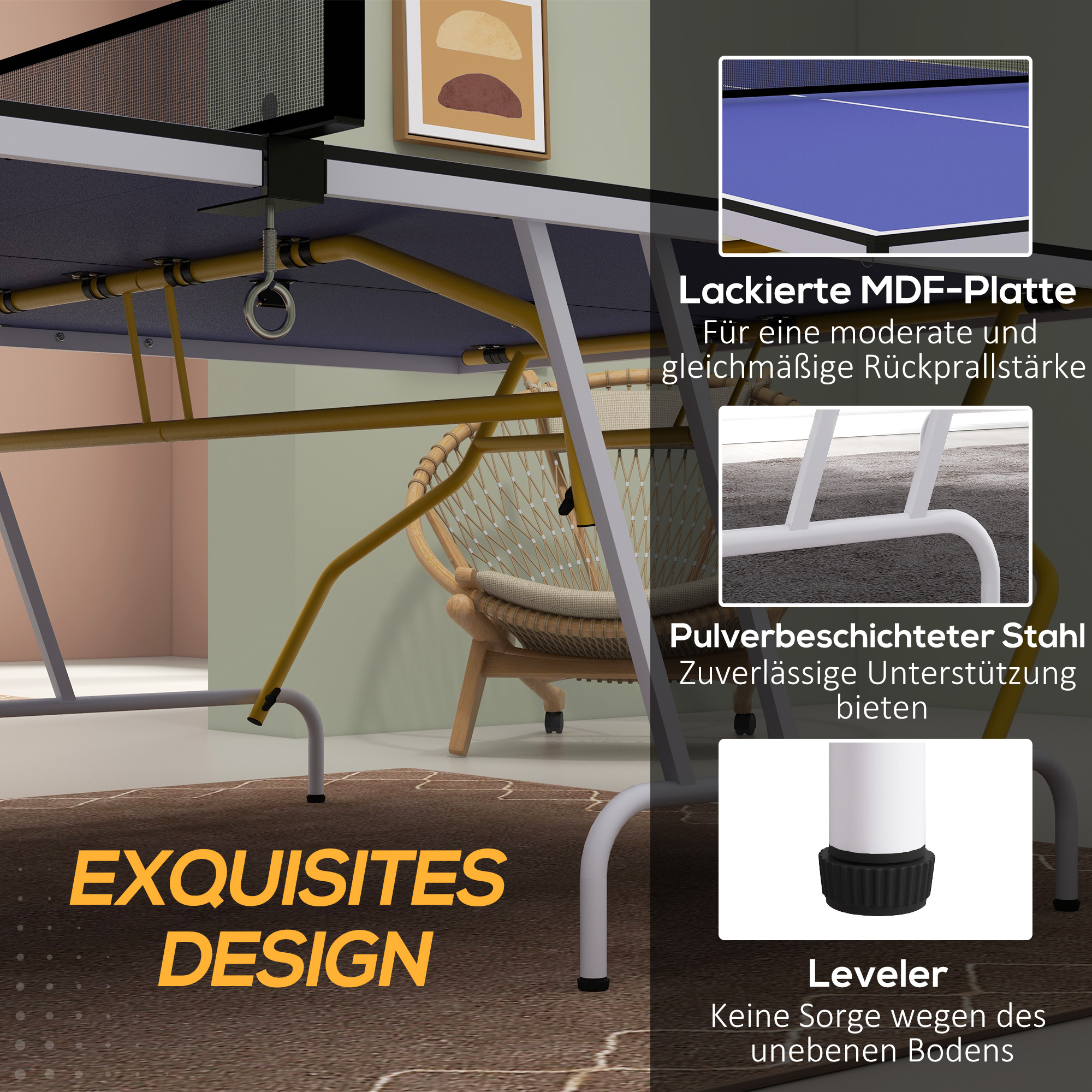 Tischtennisplatte, klappbar, inkl. 2 Schläger, 3 Bälle, Netz, Indoor, Metallgestell, 274x152x76cm, Blau