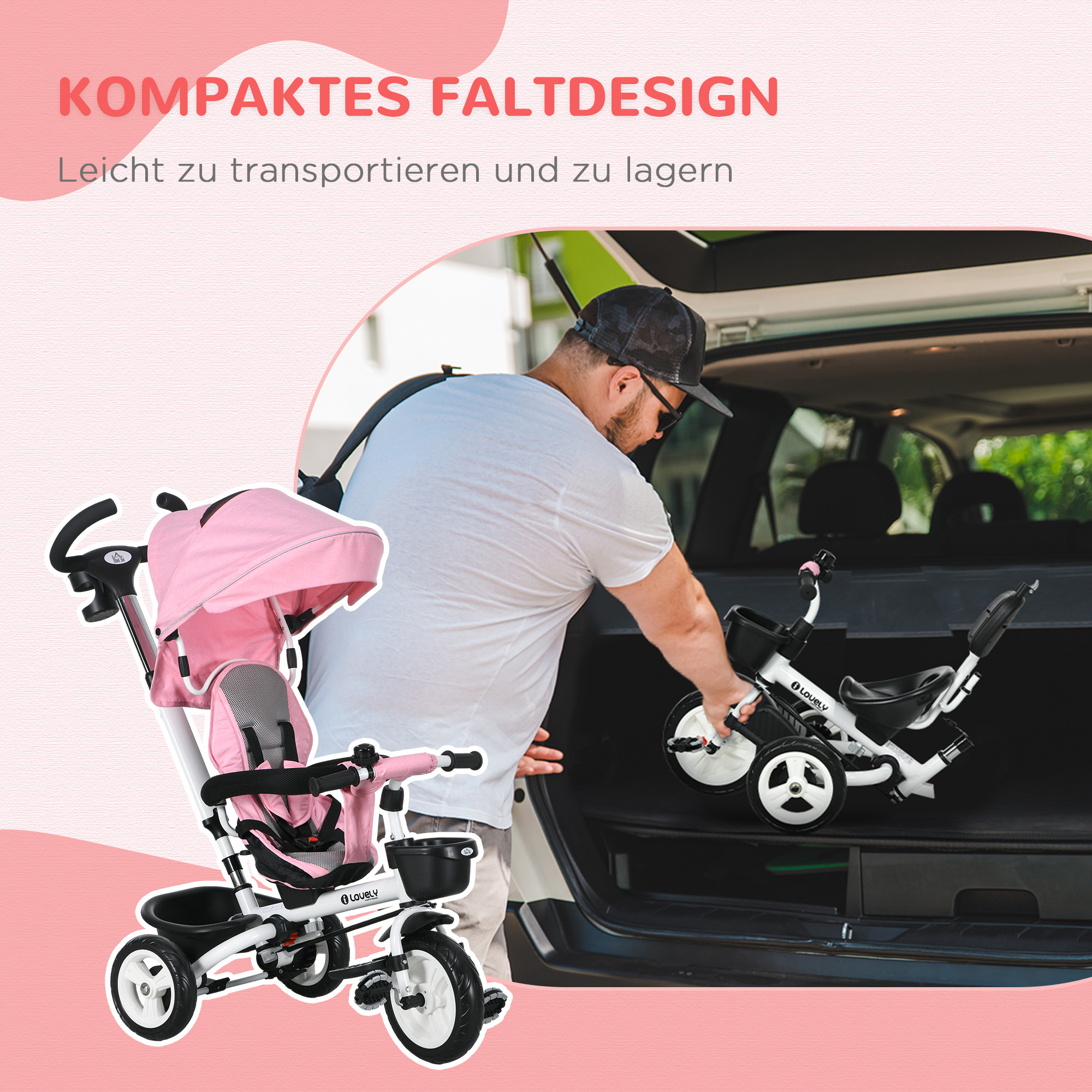 6-in-1 Kinderdreirad mit Schiebestange, Dach, Gurt, Ablagekorb, 18+ Monate, Rosa