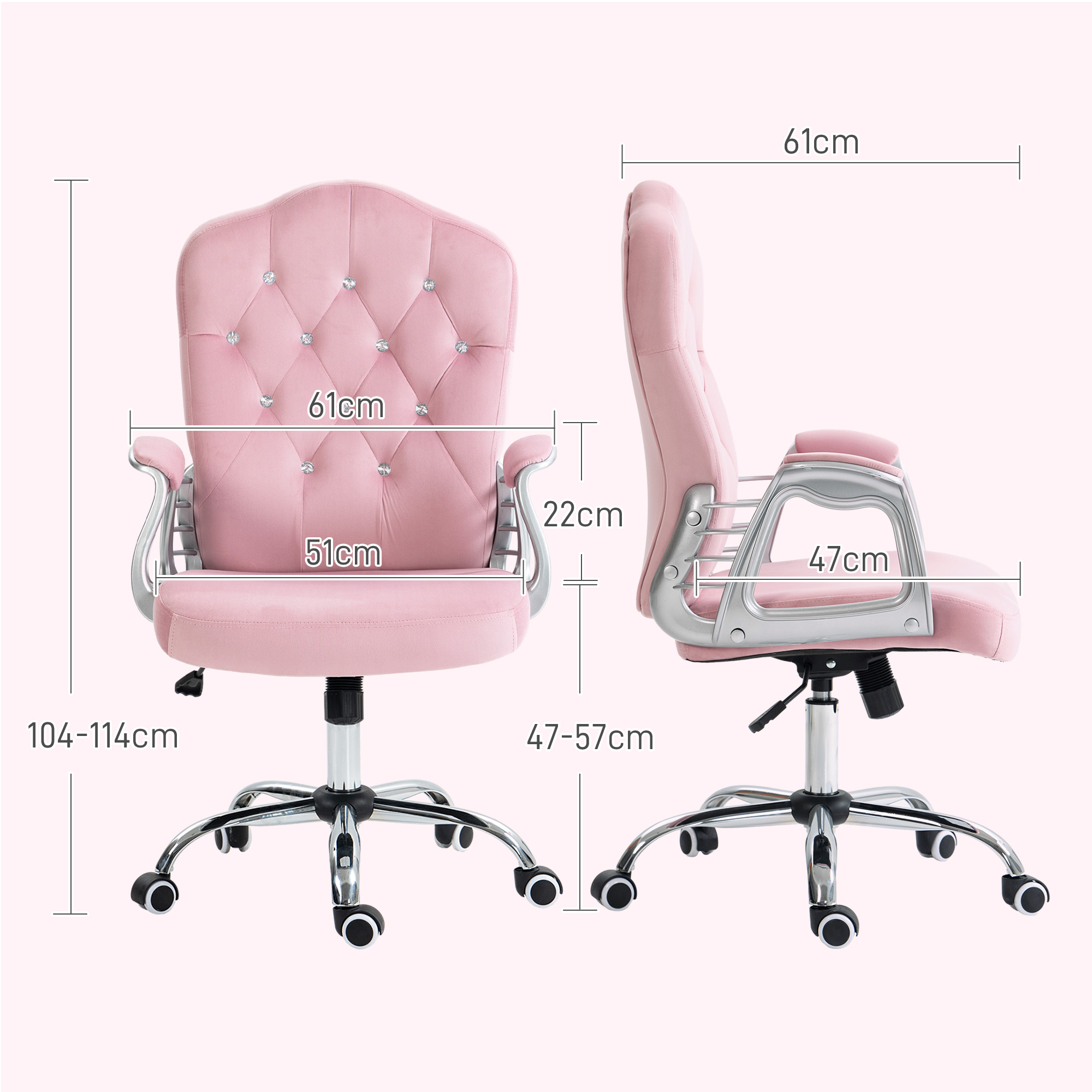 Bürostuhl, neigbare Lehne, höhenverstellbar, Samtoptik, bis 120 kg, Rosa