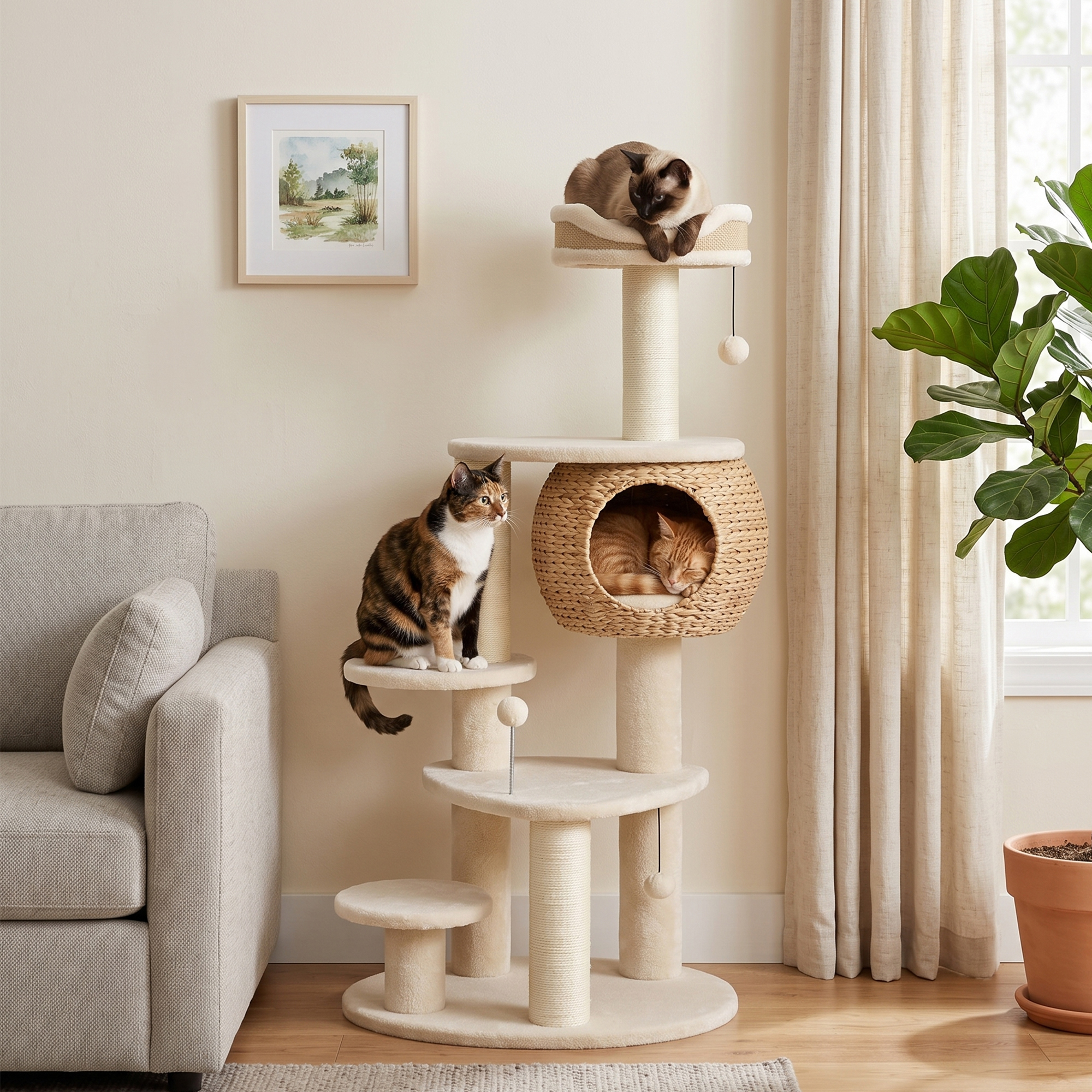 Kratzbaum Groß 132 cm hoch Katzenbaum mit Rohrkolben-Höhle Kratzstämmen Bett 3 Spielbällen Kippschutz 1-2 Katzen bis 6kg