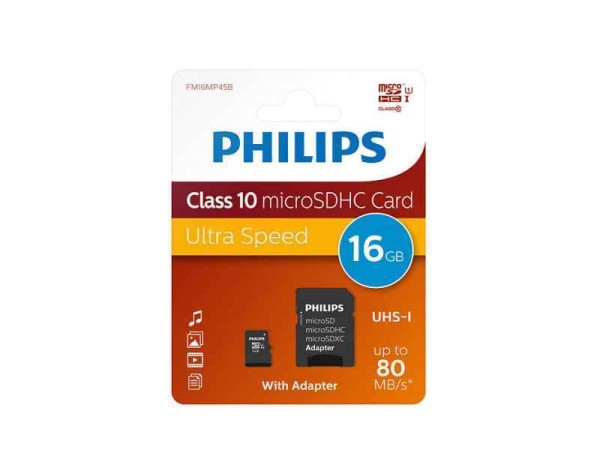 Philips MicroSDHC 16GB CL10 80mb/s UHS-I +Adapter Retail