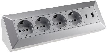 4-fach Steckdosenblock, USB-A+C, silber - 250V~/ 16A, Aufbaumontage, USB 3,1A, PD