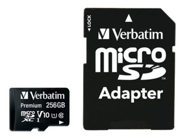 Verbatim MicroSDXC Card 256GB, Premium, Class 10, U1, SD Adapter, Bliste