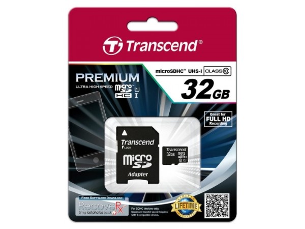 Transcend MicroSD/SDHC Card 32GB UHS1 w/adapter TS32GUSDU1