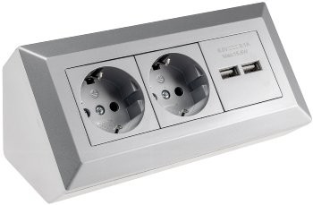 2-fach Steckdosenblock + 2x USB, silber - 250V~/ 16A, Aufbaumontage, USB 3,1A