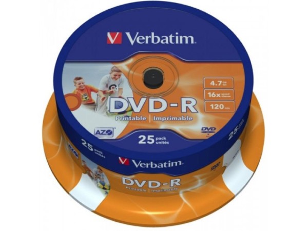 DVD-R 4.7GB Verbatim 16x Inkjet white Full Surface 25er Cakebox 43538