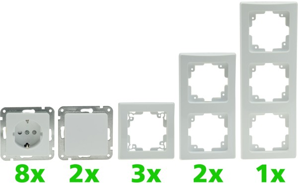 DELPHI Starter-Kit, 16-teilig "PRO",weiß / 8x Steckdose, 2x Schalter, Klemmanschluß