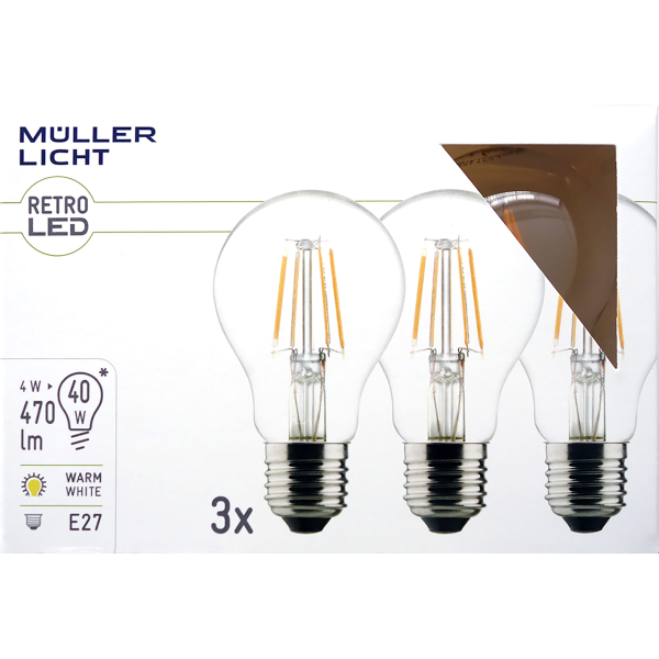 LED Filament Glühlampe, E27, 4W, 470lm, 2700K, warmweiß, 3er Set