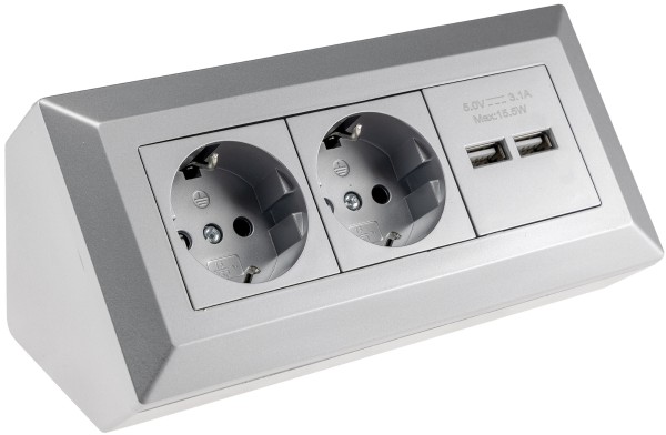 2-fach Steckdosenblock + 2x USB, silber