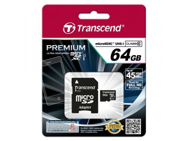 Transcend MicroSD/SDXC Card 64GB UHS1 w/Adapter TS64GUSDU1