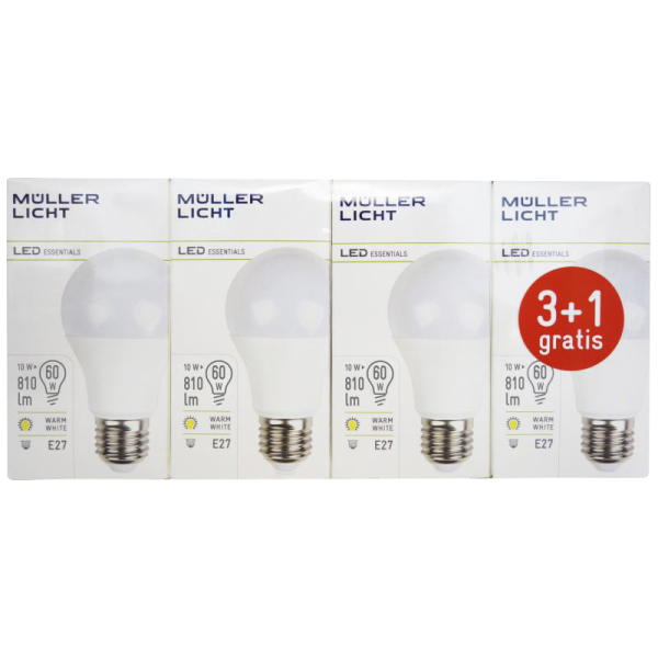 LED Glühlampe, E27, 10W, 810lm, 2700K, warmweiß, 3+1 Set