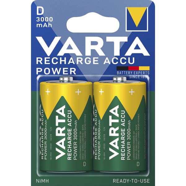 Mono-Akku VARTA, Typ D, NiMH-Akku, HR20, 1,2V/3000 mAh, Pre-charged, 2er Pack