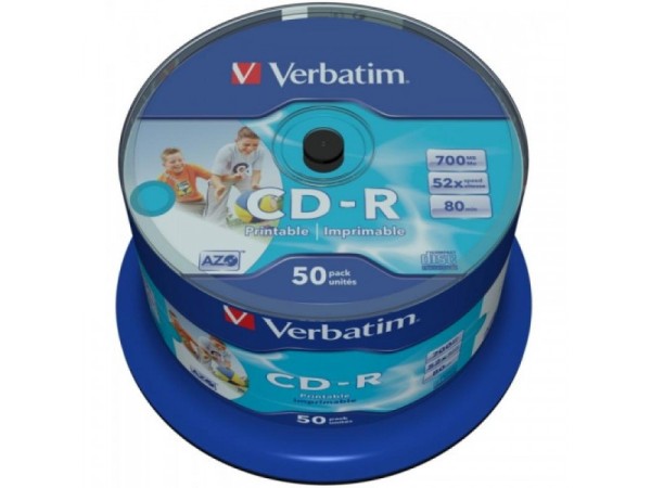 CD-R 80 Verbatim 52x DLP Inkjet white Full Surface 50er Cakebox 43438