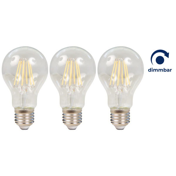 LED Filament Set McShine, 3x Glühlampe, E27, 7.5W, 800lm, warmweiß, klar, dimmbar