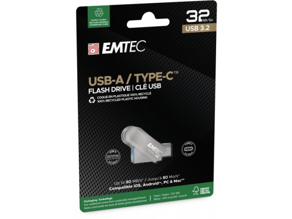 Emtec USB Flash Drive 32GB D280 (Dual USB-A & USB-C 3.2)